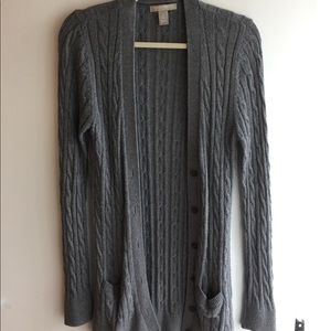 Cardigan sweater, cable knit, gray
